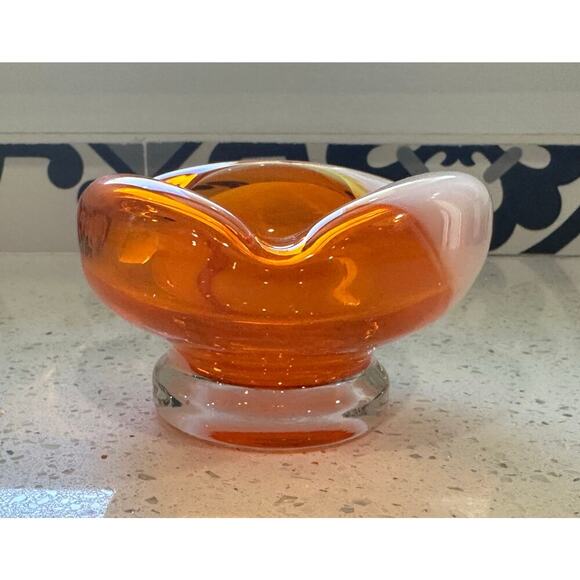 Vintage Murano Heavy Thick Art Glass Ashtray Orange & White
